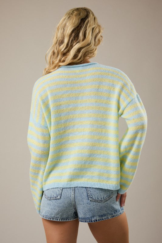 Rolled Hemline Detail Stripe Half Button Sweater