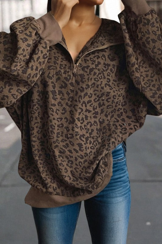 Leopard Print Quarter Zip Corduroy Sweatshirt