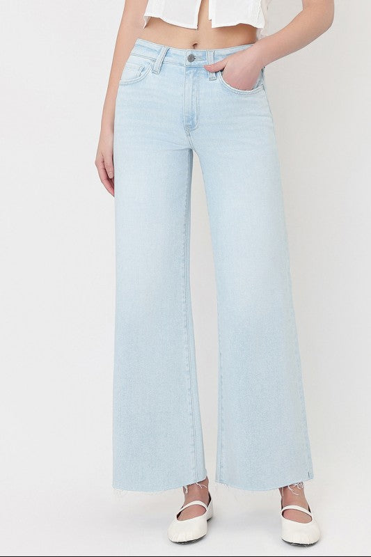 VERVET High Rise Clean Cut Raw Hem Wide Flare Jeans