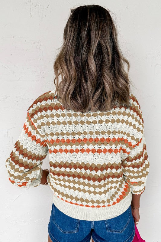 Stripe Eyelet Patterned Drop Shoulder Sweater