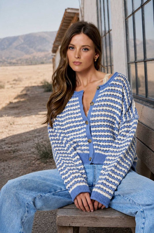 Textured Stripe Crochet Knit Button Down Cardigan