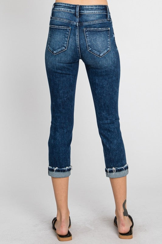 PETRA153 Mid Rise Skinny Capri W/Cuffed Hem Jeans