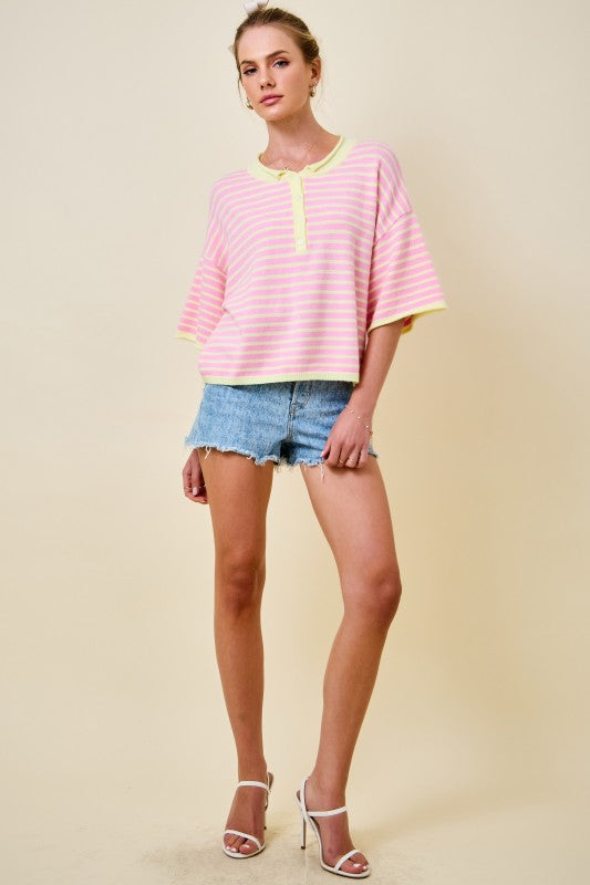 Striped Short Sleeve Henley Knit Top With Dropped Shoulders