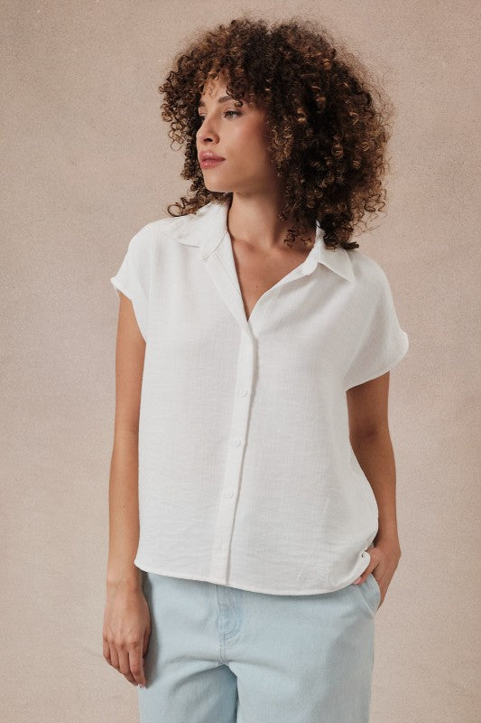 Wide Shoulder Sleeveless Button Down Shirt