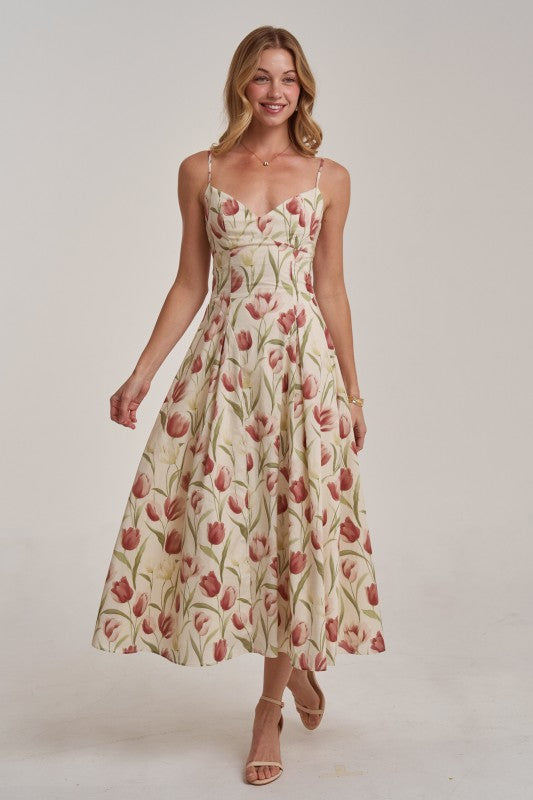 Romantic Tulip Print Midi Dress With Adjustable Strap