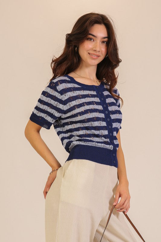 Pointelle Stripe Knit Cardigan Top