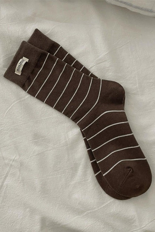 Stripe Cotton Crew Socks Label Decoration
