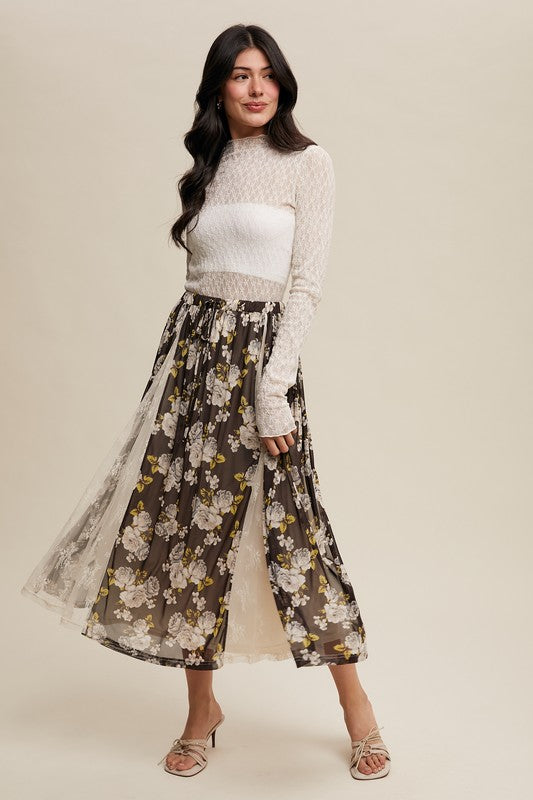 Floral Mesh and Lace-panel Midi Skirt