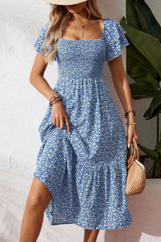 Smocked Square Neck Ruffle Sleeve Floral Dress