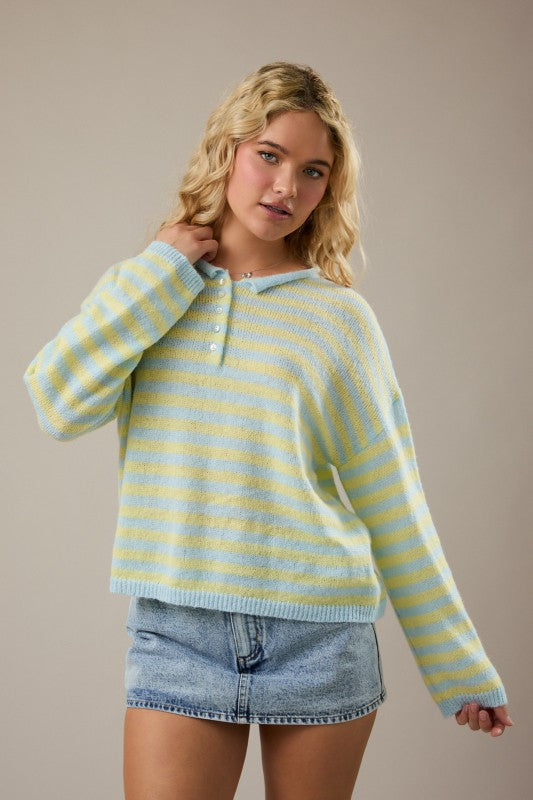 Rolled Hemline Detail Stripe Half Button Sweater