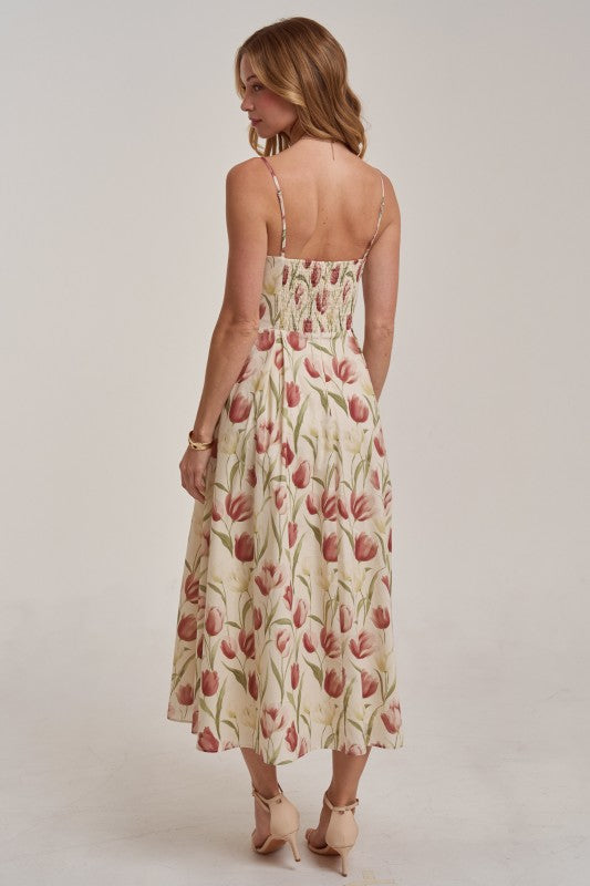 Romantic Tulip Print Midi Dress With Adjustable Strap