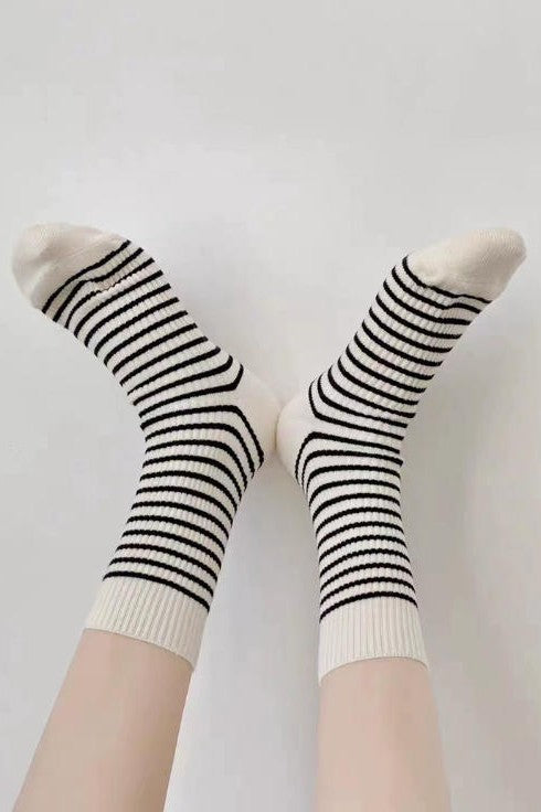Contrast Trim Striped Knit Cotton Socks