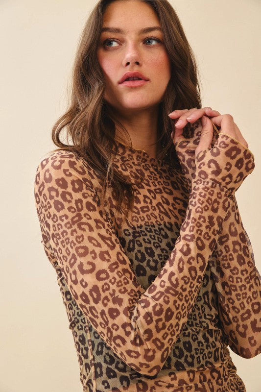 Leopard Thumbhole Sheer Lace Top