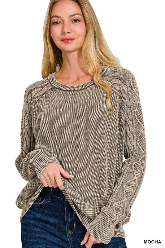 Stone Washed Cable-sleeve Crewneck Sweater