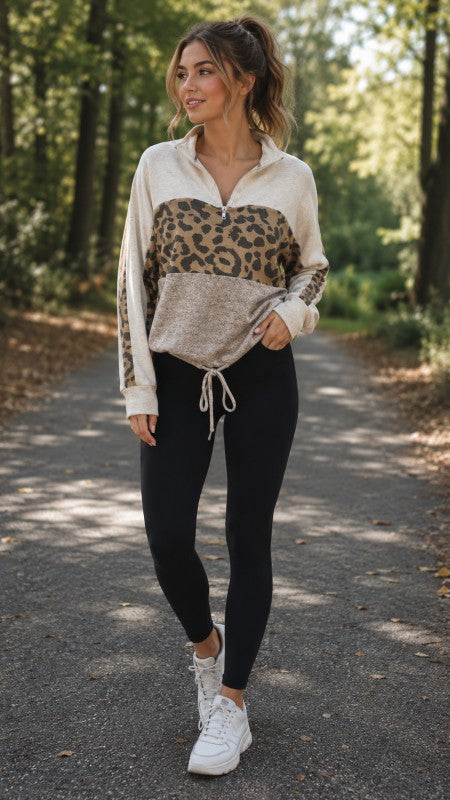 Oversized Mixed Media Hacci Zip Front Top Sweatshirt Top