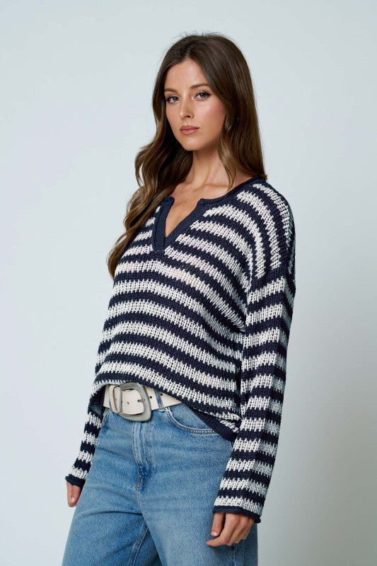 Stripe Raw Edge Split Neck Sheer Knit Sweater