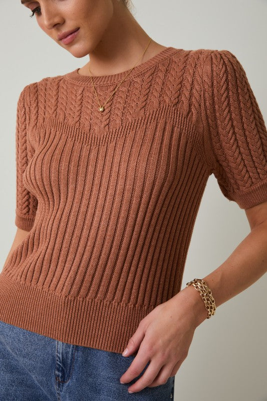 Round Neck Puff Short Sleeve Cable Sweater