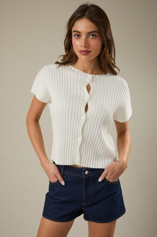 Wide Shoulder Button Down Ribbed Top