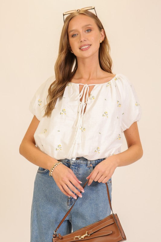 Meadow Bloom Tie-neck Puff Sleeve Top