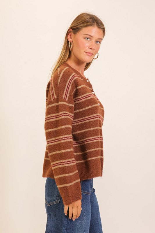 Fuzzy Striped Rhinestone-button Henley Sweater