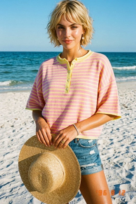 Striped Short Sleeve Henley Knit Top With Dropped Shoulders