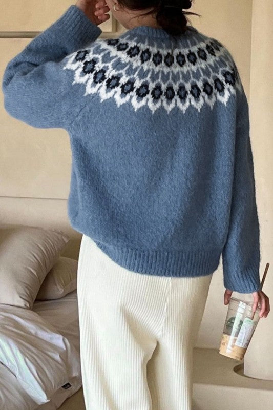 Fair Isle Knit Crew Neck Long Sleeve Sweater