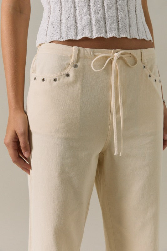 Midi Rise Ties On Waist Eyelet Trim Straight Fit Twill Pants