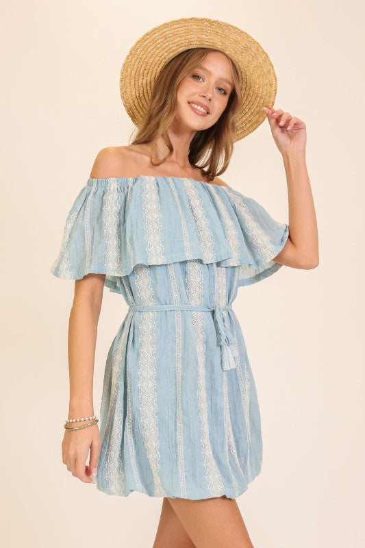 Off-shoulder Embroidered Stripe Mini Dress
