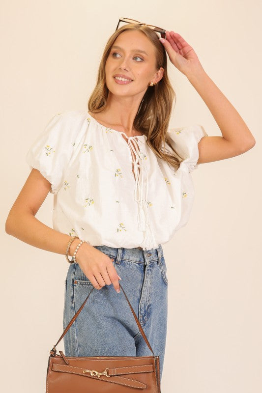 Meadow Bloom Tie-neck Puff Sleeve Top