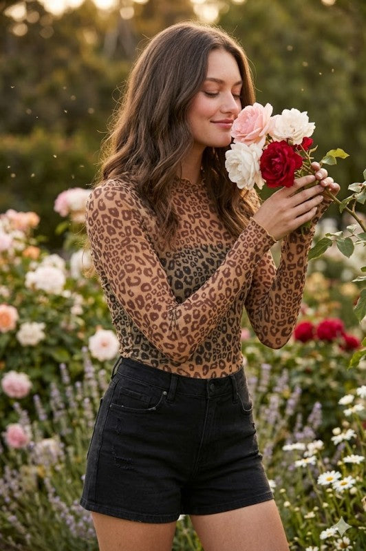 Leopard Thumbhole Sheer Lace Top