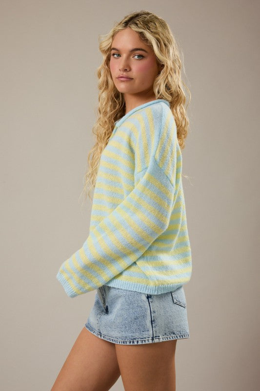 Rolled Hemline Detail Stripe Half Button Sweater