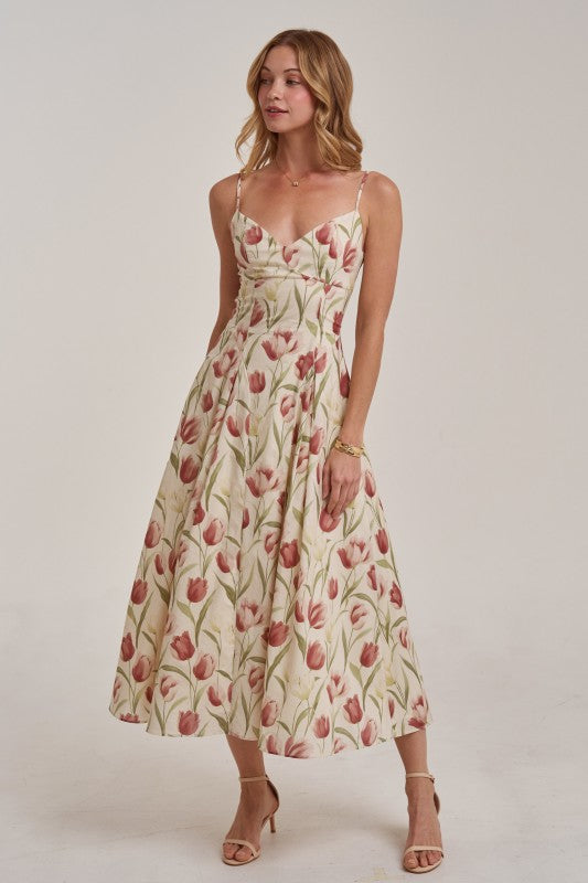 Romantic Tulip Print Midi Dress With Adjustable Strap