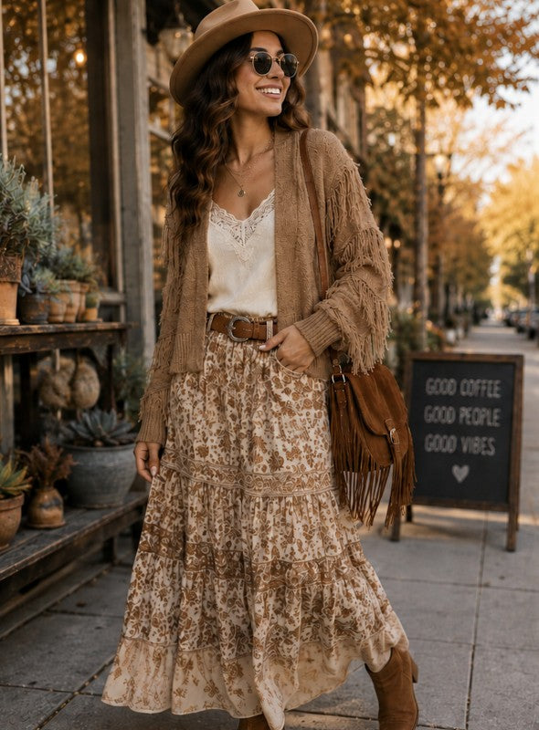 Fringe Trimmed Open Cardigan Sweater