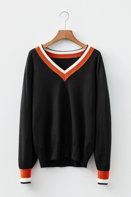 Contrast Striped Trim V Neck Casual Sweater