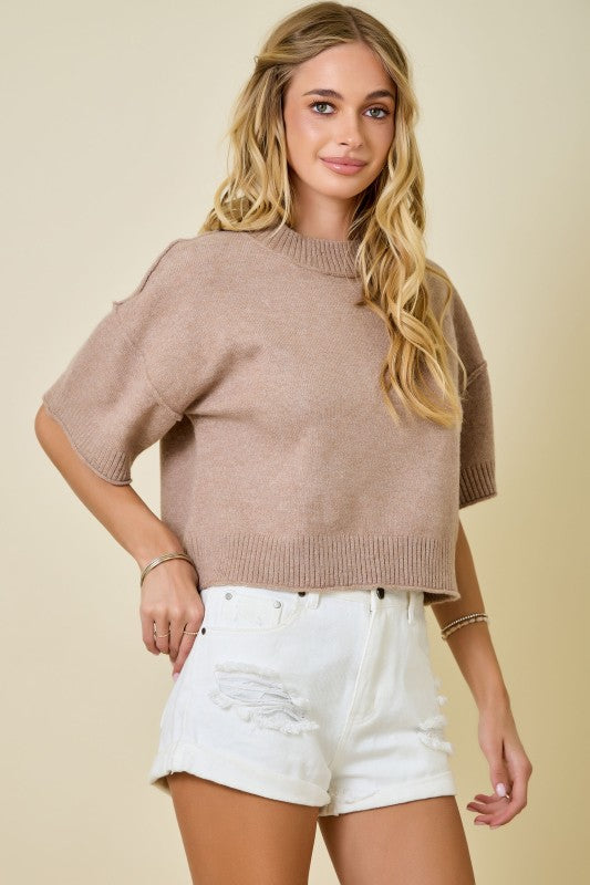 Mock Neck Dropped Shoulder Knit Top Sweater