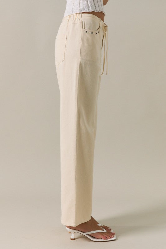 Midi Rise Ties On Waist Eyelet Trim Straight Fit Twill Pants