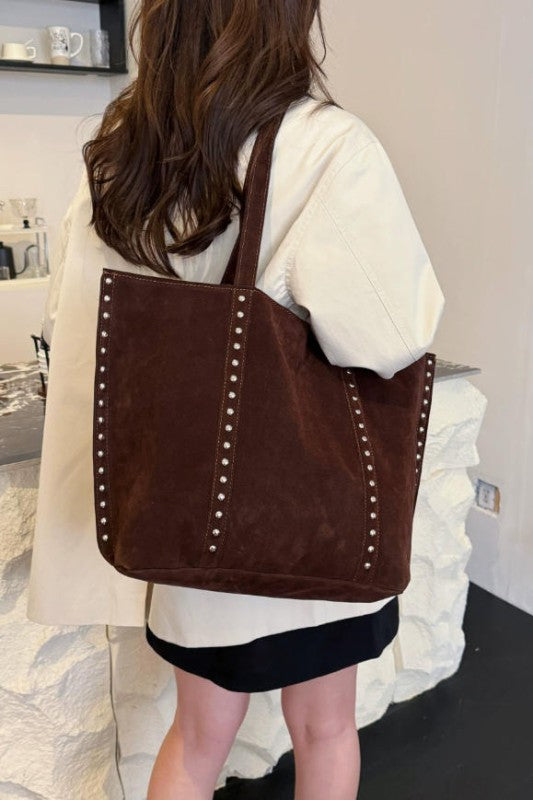 Suede Rivet Decor Large Capacity Tote Shoulder Bag