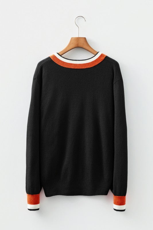 Contrast Striped Trim V Neck Casual Sweater