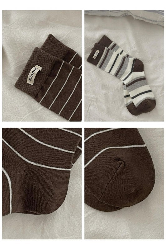 Stripe Cotton Crew Socks Label Decoration