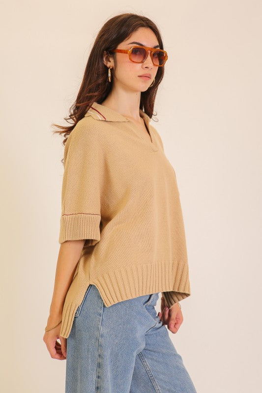 Collared V-Neck Knit Polo Sweater Top