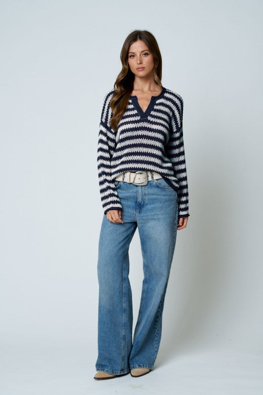 Stripe Raw Edge Split Neck Sheer Knit Sweater