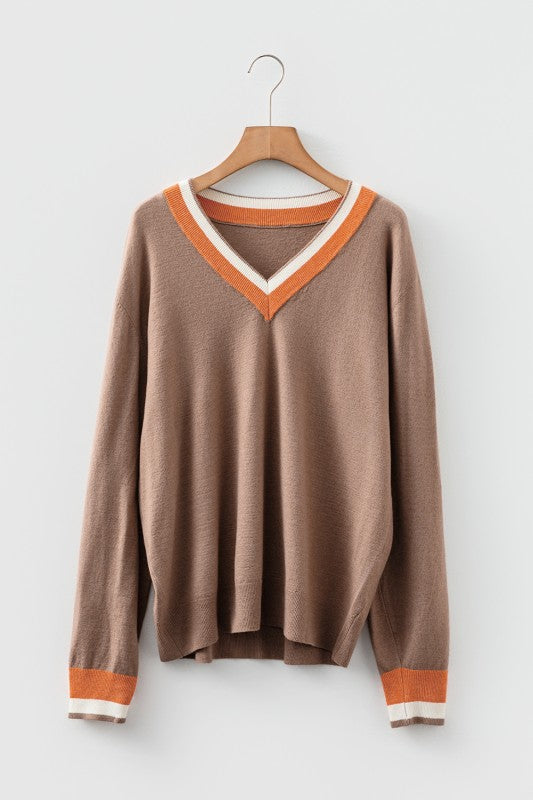 Contrast Striped Trim V Neck Casual Sweater