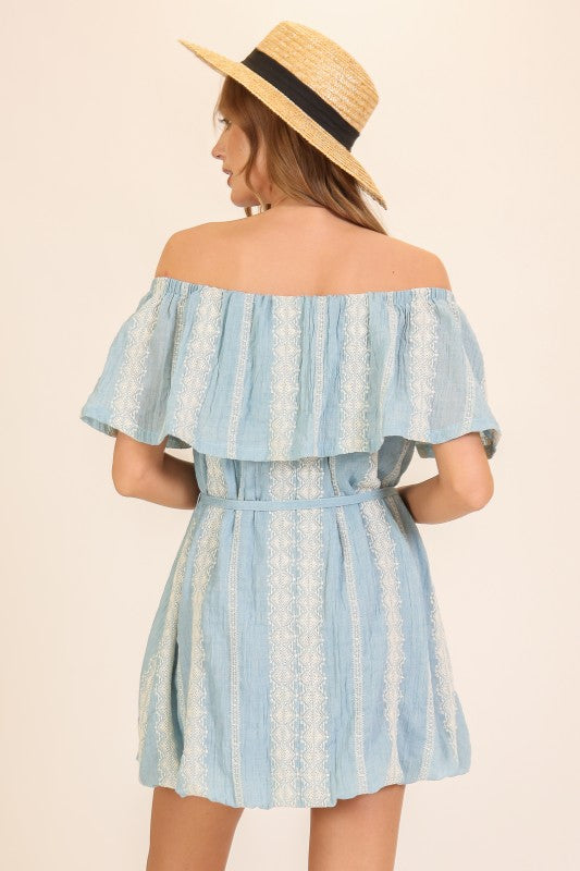 Off-shoulder Embroidered Stripe Mini Dress