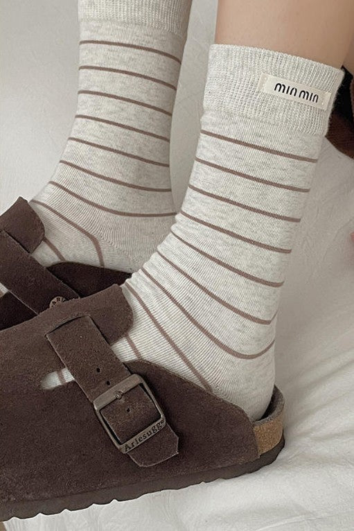 Stripe Cotton Crew Socks Label Decoration