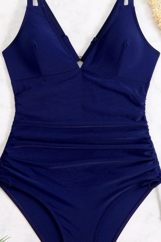 Navy Blue Ruched V Neck One Piece Swimsuit