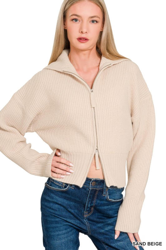 Oatmeal Zip Up Sweater